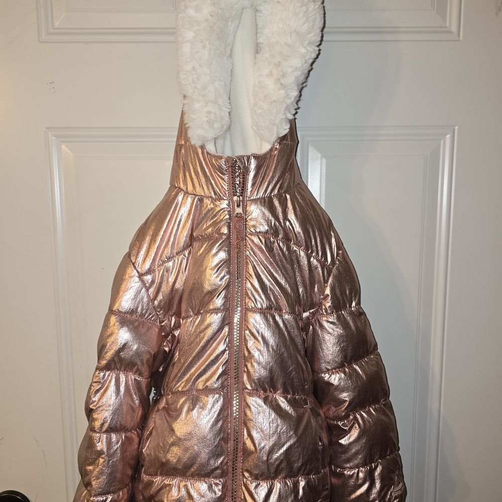 Metallic Rose Gold Puffer Jacket with Faux Fur Lining Girls Size 5/6 ZeroXposur